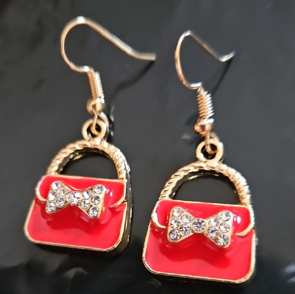 Jewelry - Red Handbag Earrings with Rhinestone Bowand Gold Tone Handle